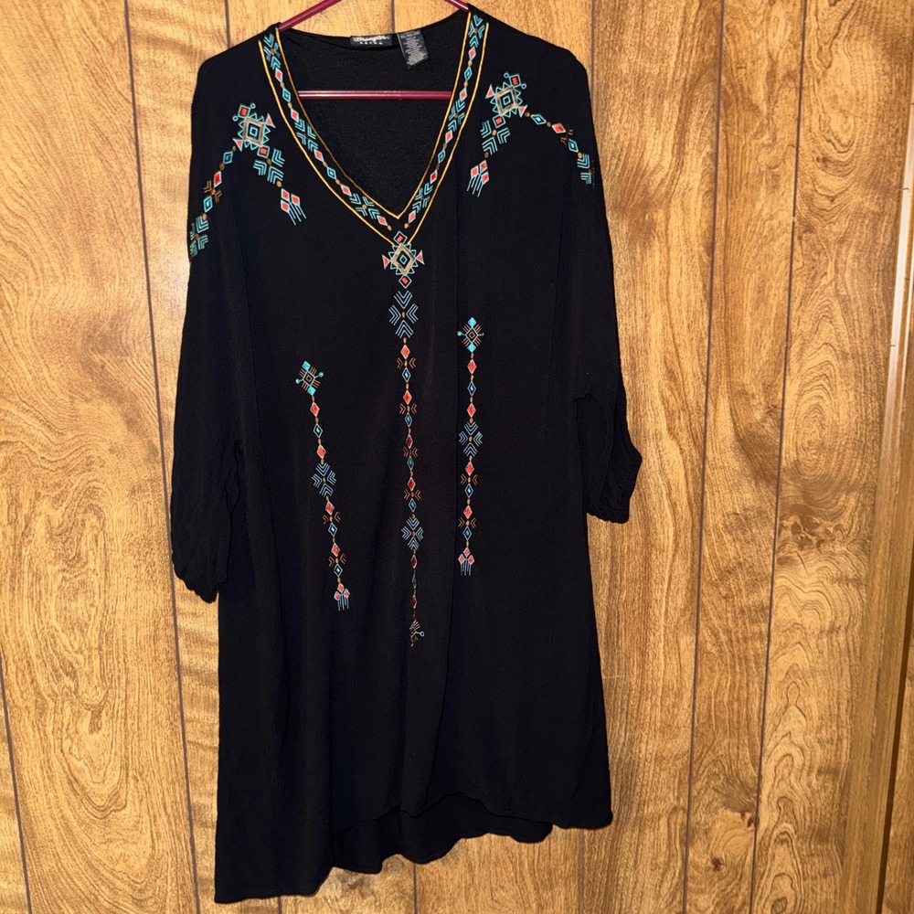 Wrangler Retro Womens Black Embroidered Southwestern Boho V-Neck Mini Dress XL